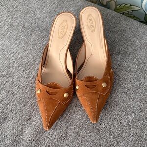 Tod's Brown Suede Mules with Gold Accents